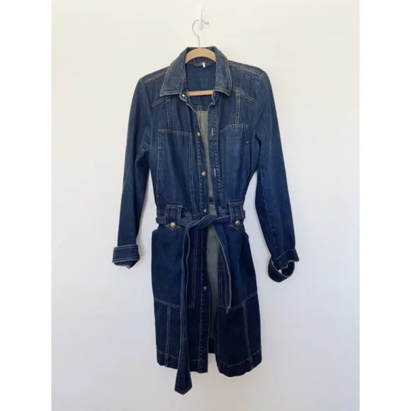 Free People Denim Jean Belted Trench Coat Jacket in Indigo M - Picture 4 of 12